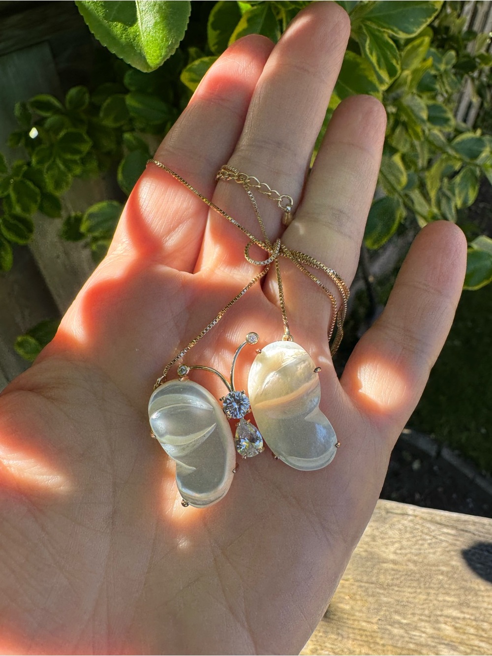 Gold Butterfly Pendant Necklace with Iridescent Shell Wings